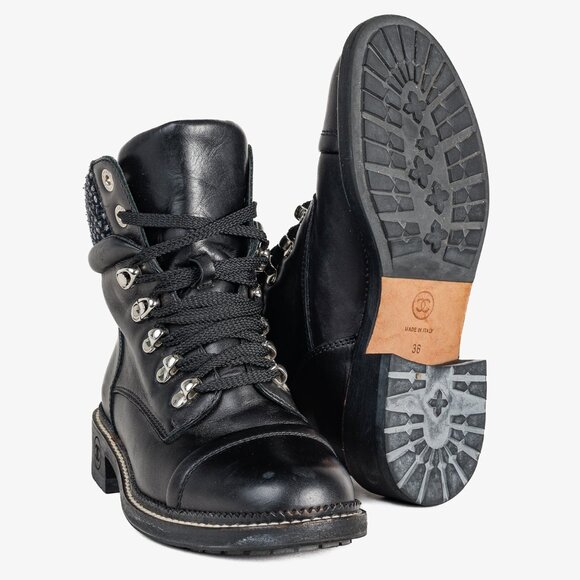 Chanel 15A Black Leather Tweed-Trim Lace-Up Short Boots, Size 6 - Picture 4 of 12